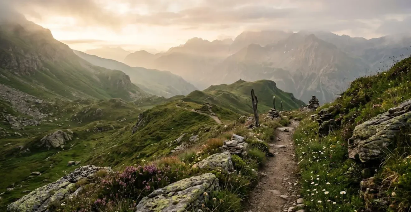 Sentier de montagne bordé de végétation naturelle préservée avec panneau informatif discret