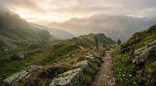 Sentier de montagne bordé de végétation naturelle préservée avec panneau informatif discret