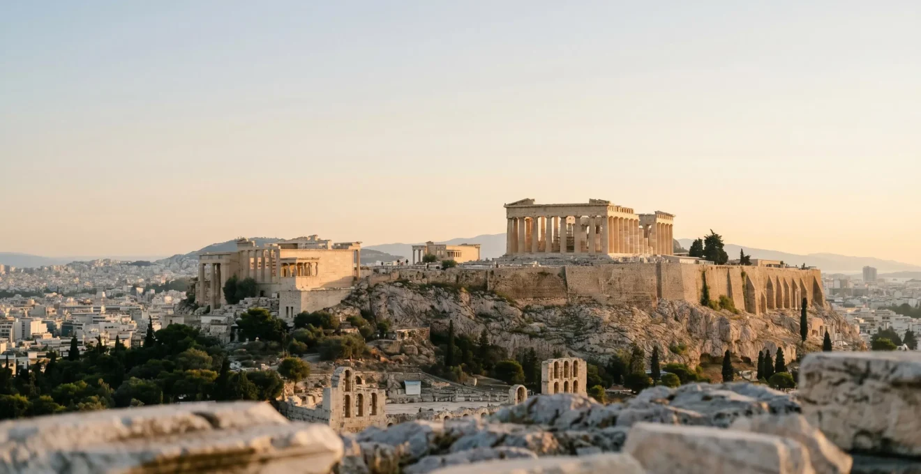 Vue panoramique de l'Acropole d'Athènes avec les temples dédiés à Athéna sous une lumière dorée