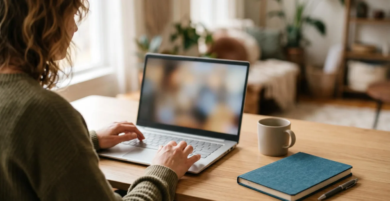 Personne analysant attentivement les détails d'une location de vacances sur son ordinateur portable dans un espace lumineux et épuré