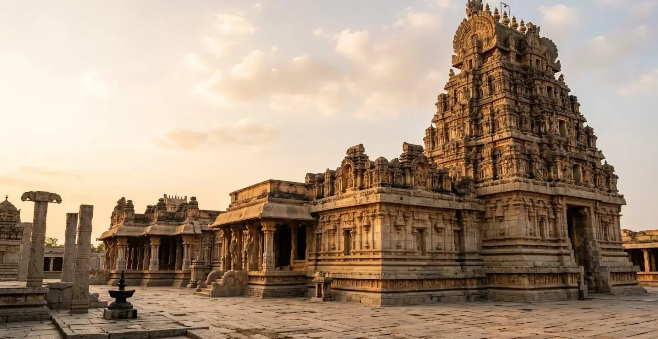 Vue architecturale d'un temple indien avec détails sculptés révélant différentes échelles d'observation