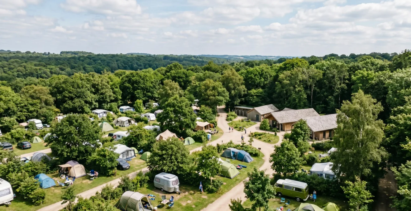 Vue aérienne d'un camping bien aménagé avec emplacements espacés dans un environnement naturel arboré