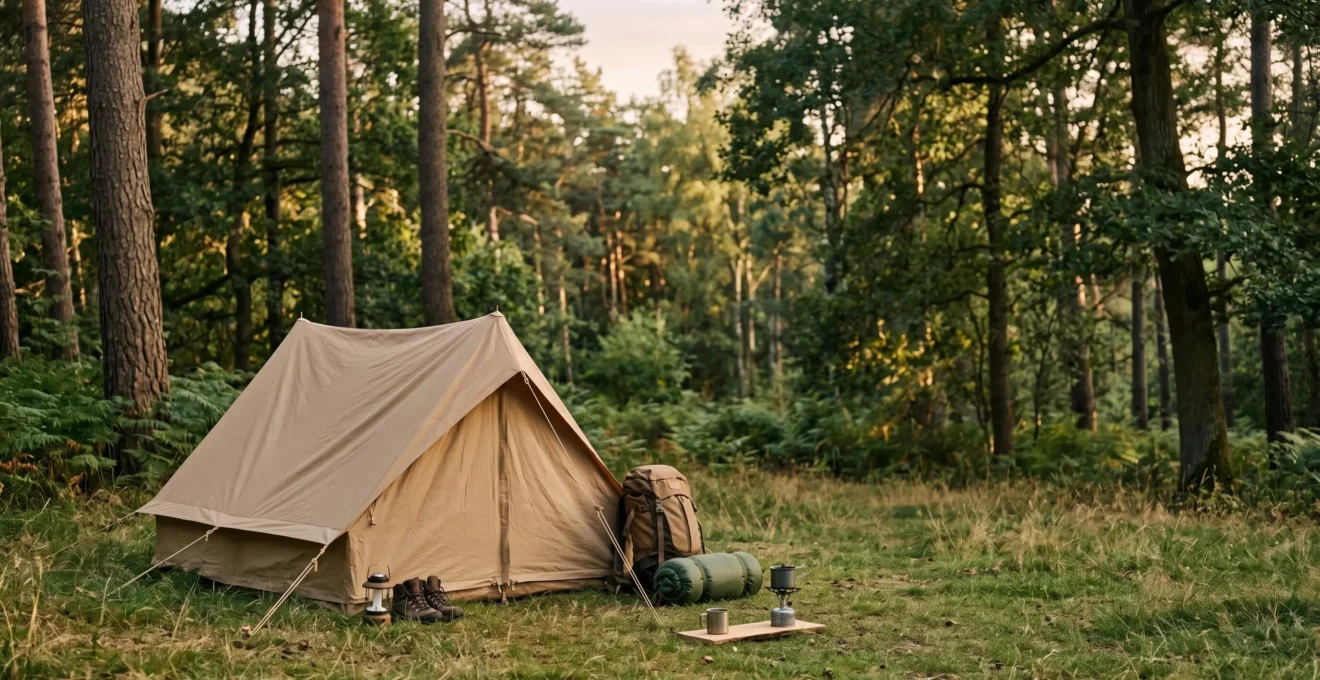 Installation d'une tente de camping dans un espace naturel dégagé avec matériel de base pour débutants