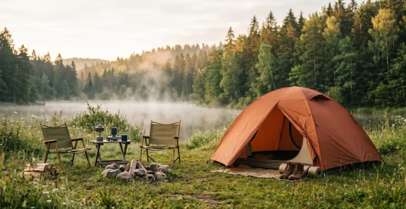 Campement en pleine nature avec tente installée au bord d'une forêt au lever du soleil