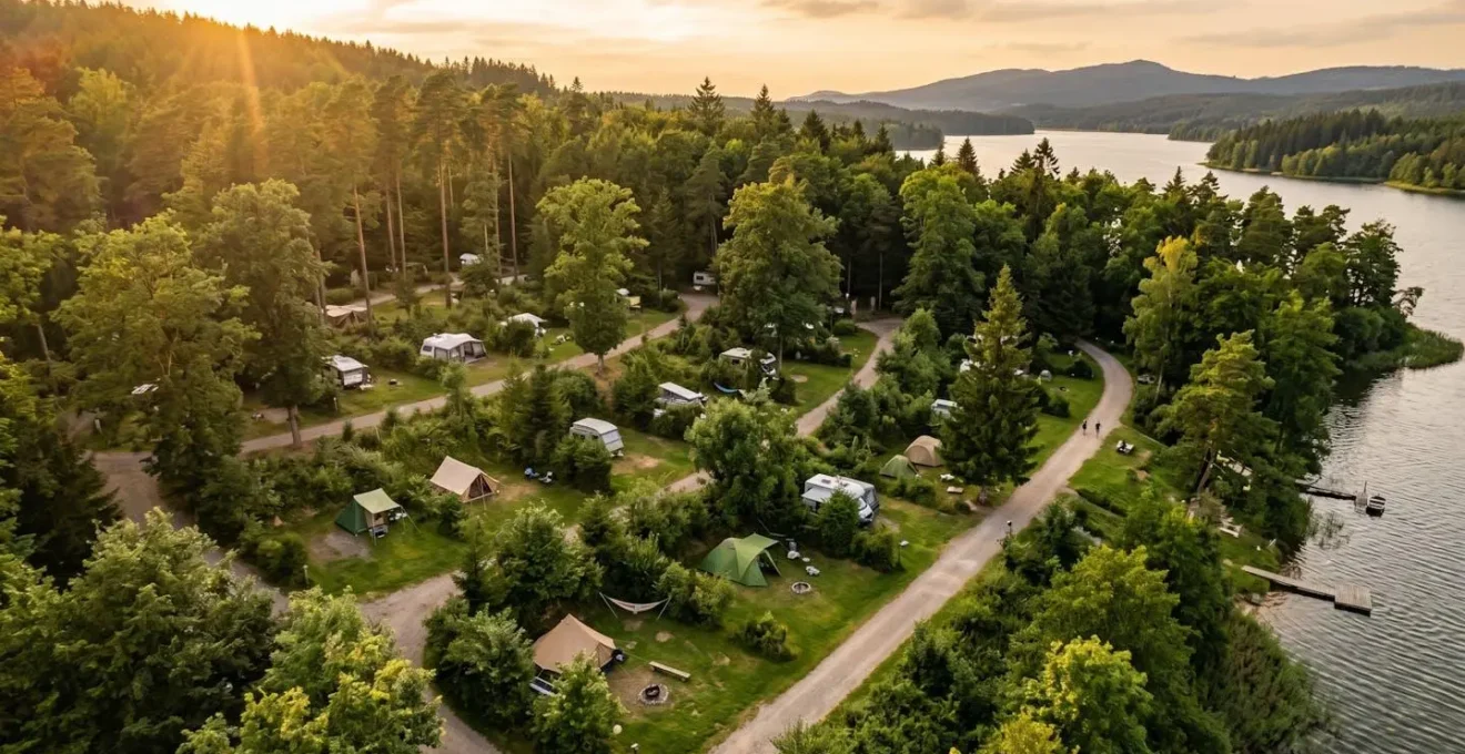 Vue aérienne d'un camping bien organisé avec des emplacements spacieux ombragés par des arbres matures