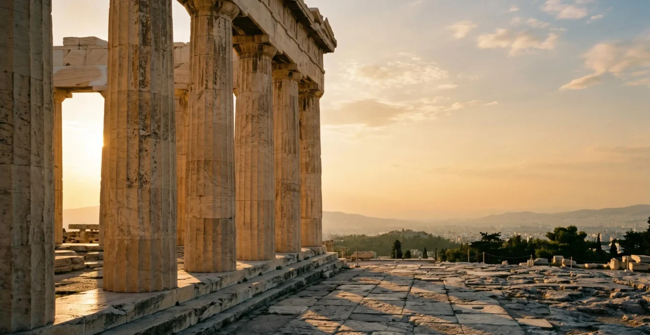 Colonnes doriques d'un temple grec antique baignées par la lumière du soleil couchant
