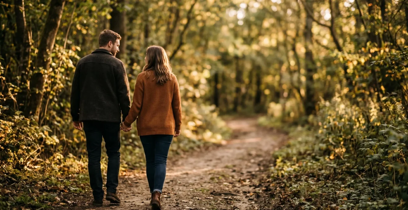 Couple en escapade romantique dans un cadre naturel authentique loin des destinations touristiques classiques