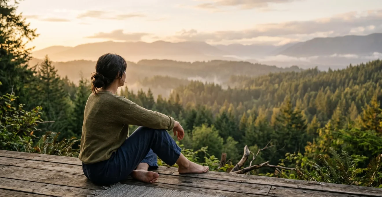 Vue sereine d'une personne en contemplation dans un environnement naturel apaisant favorisant la déconnexion