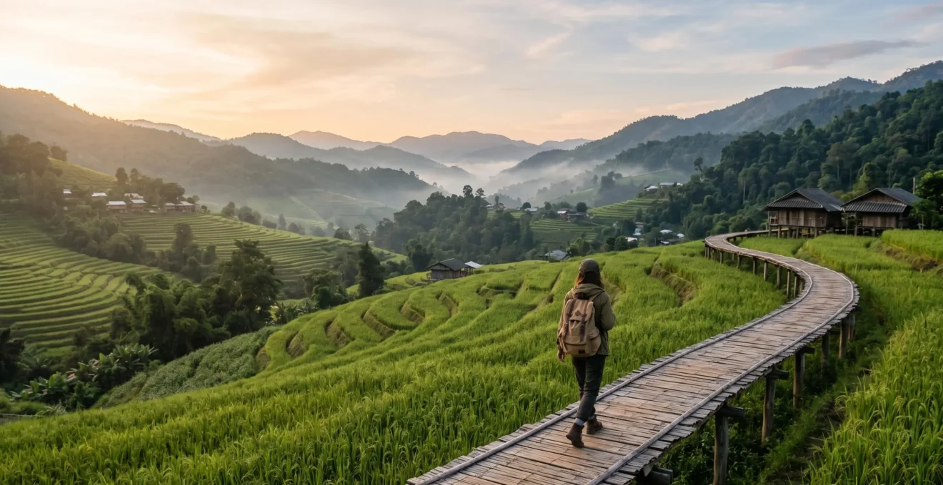 Scène paisible de voyage respectueux en Thaïlande montrant l'harmonie entre nature préservée et culture locale authentique