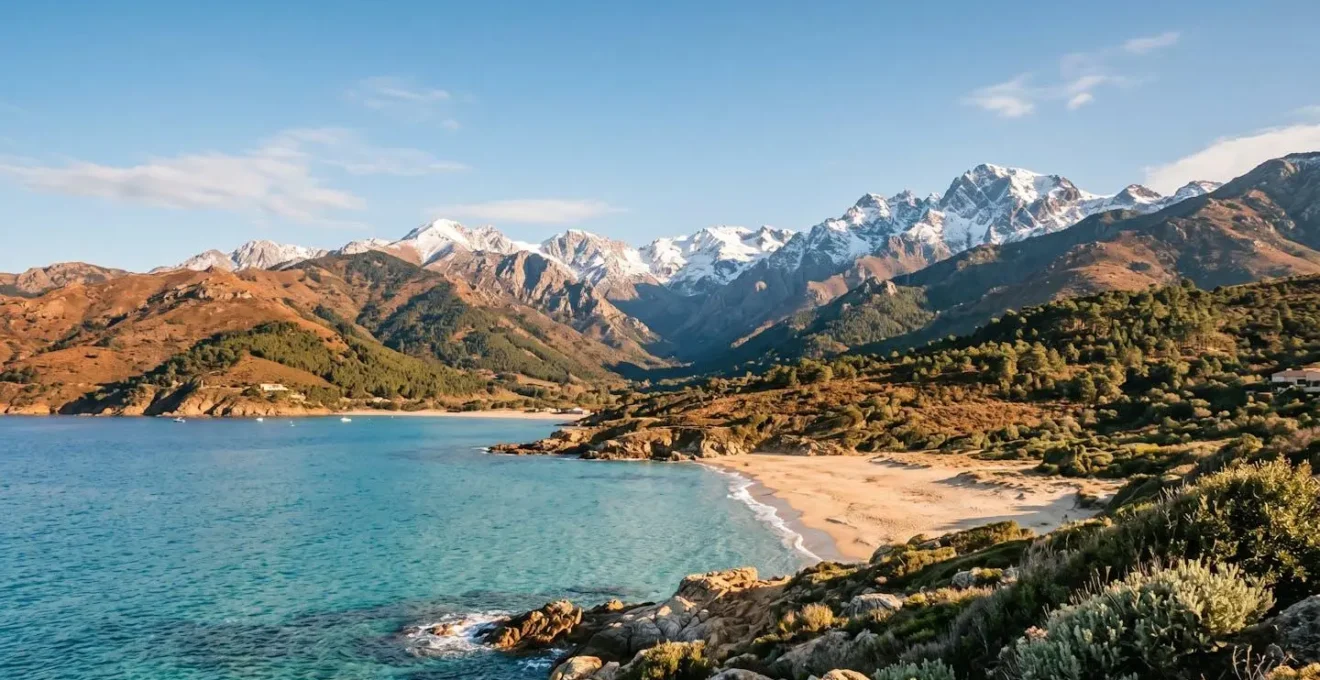 Paysage côtier corse avec montagne enneigée en arrière-plan visible depuis la plage