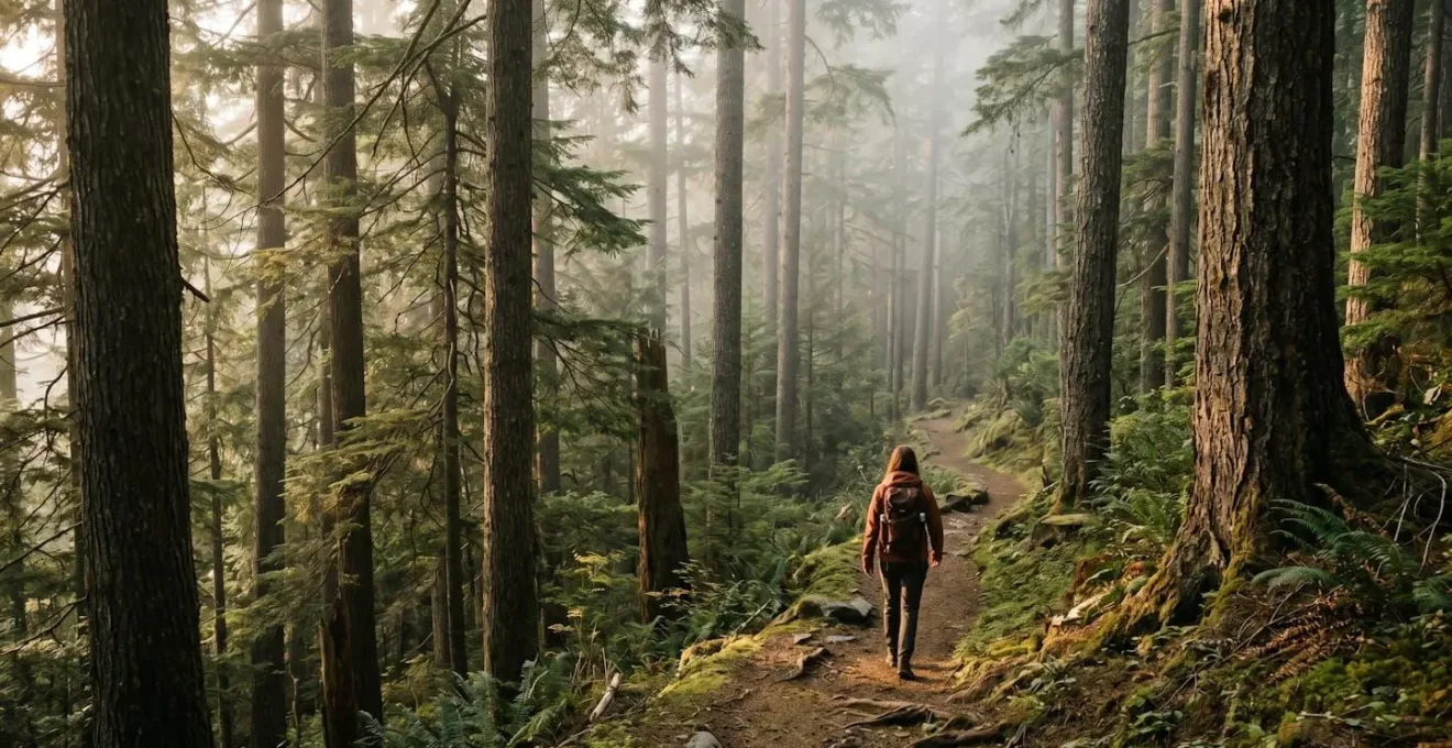 Randonneur solitaire marchant sur un sentier forestier au lever du soleil avec lumière diffuse à travers les arbres
