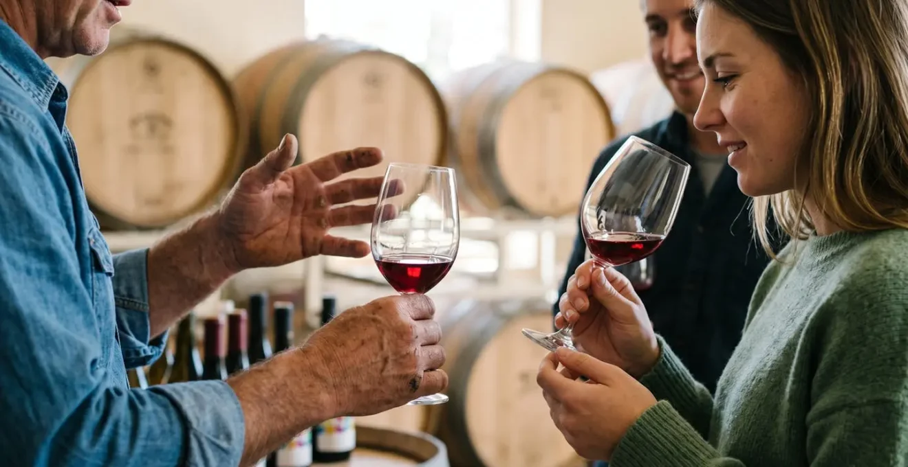 Scène de dégustation pédagogique dans un vignoble avec rencontre authentique entre visiteurs et vigneron