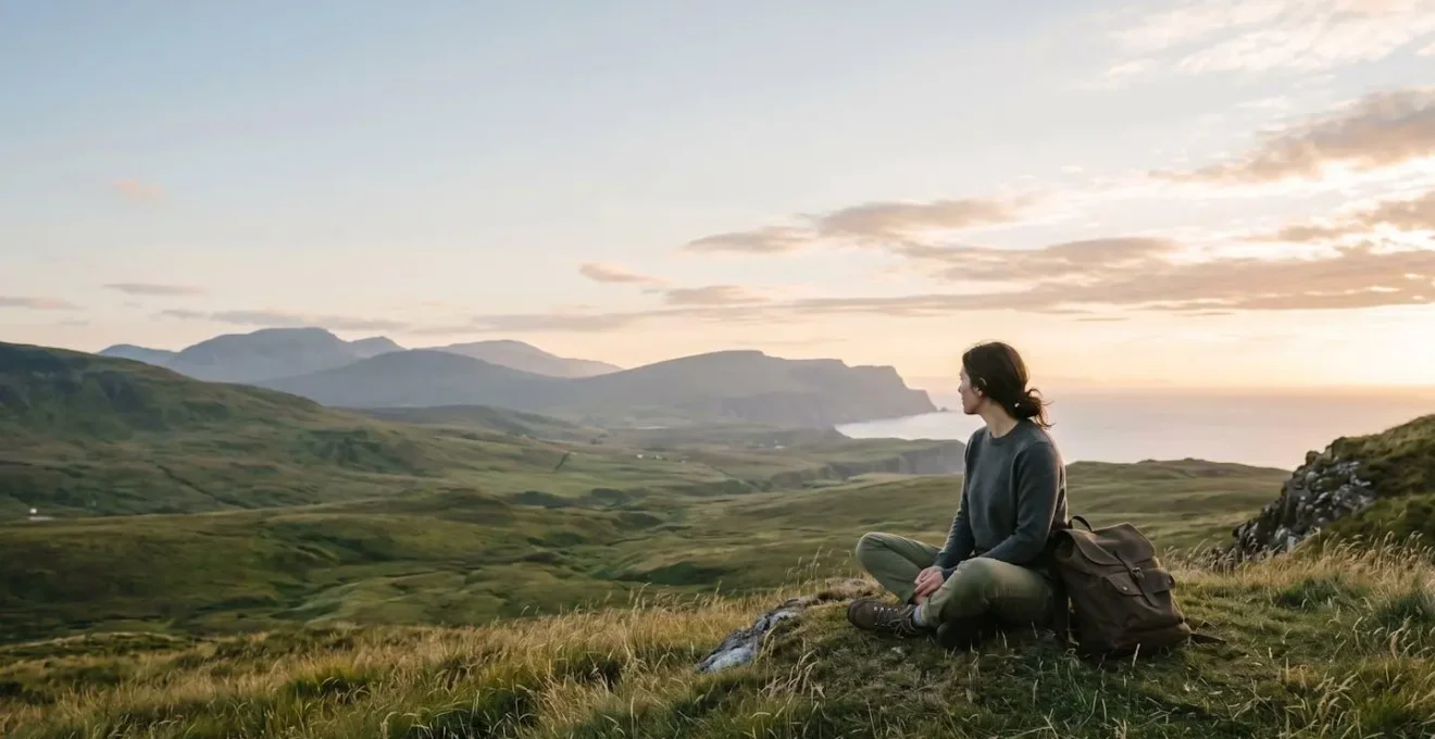Voyageur solitaire contemplant un paysage naturel épuré, incarnant l'expérience profonde et consciente du voyage