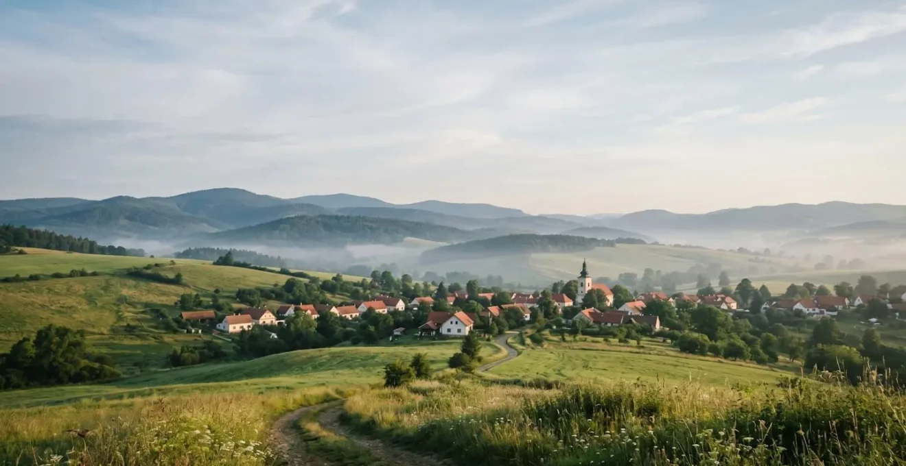 Paysage authentique de la campagne tchèque avec architecture traditionnelle en arrière-plan