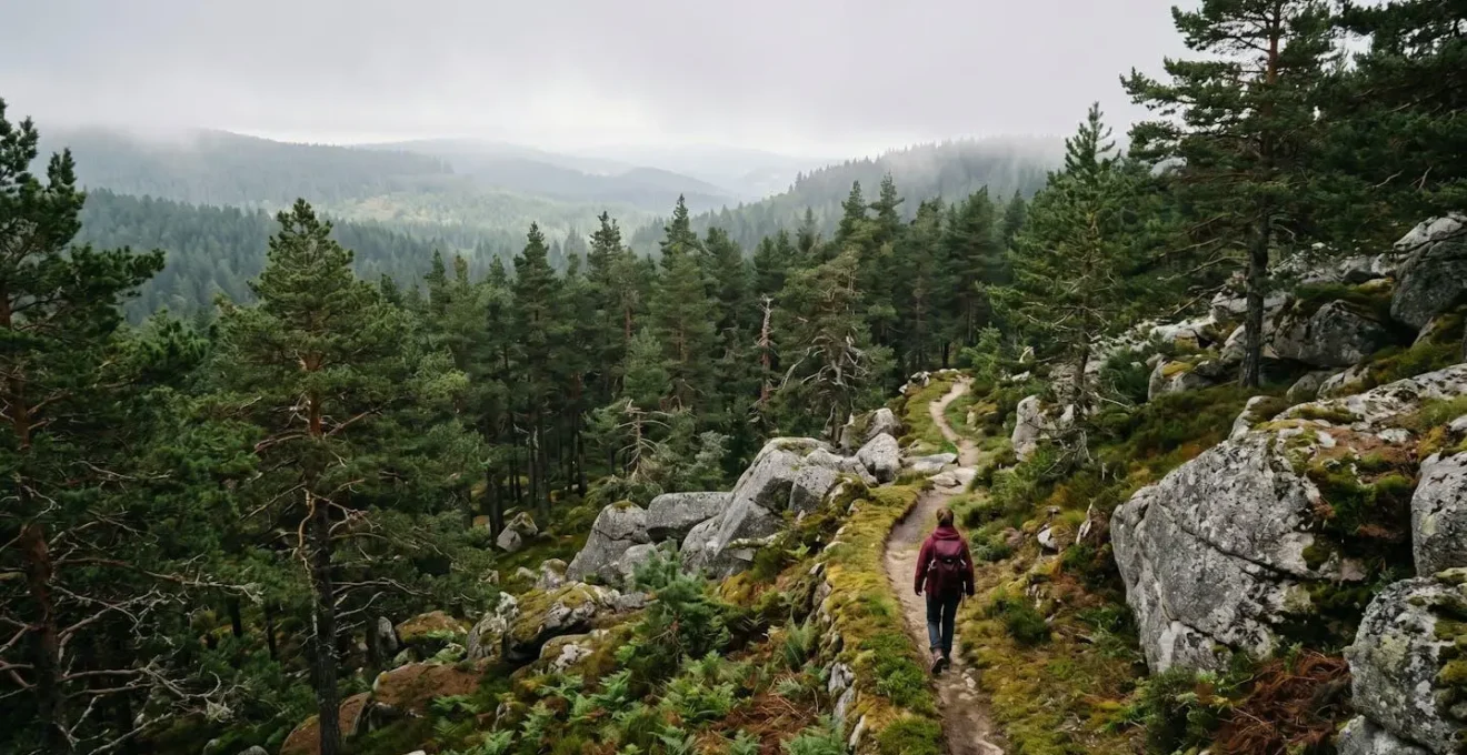 Randonneur solitaire marchant sur un sentier forestier de la Margeride entouré de pins et de chaos granitiques sous une lumière douce