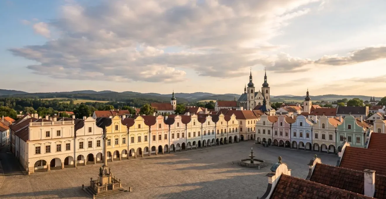 Vue panoramique d'une ville historique tchèque avec architecture médiévale colorée, loin de l'agitation touristique