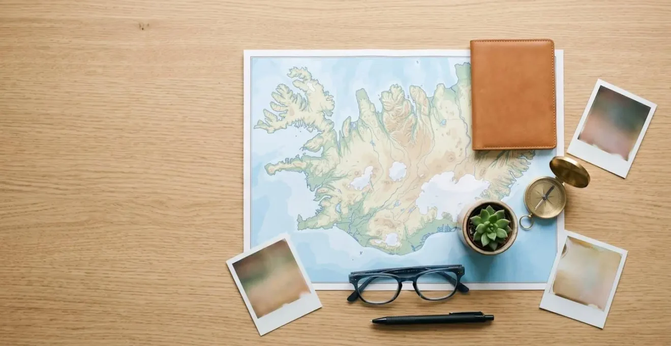 Voyageur planifiant son itinéraire personnalisé avec carte et accessoires de voyage dans un environnement minimaliste