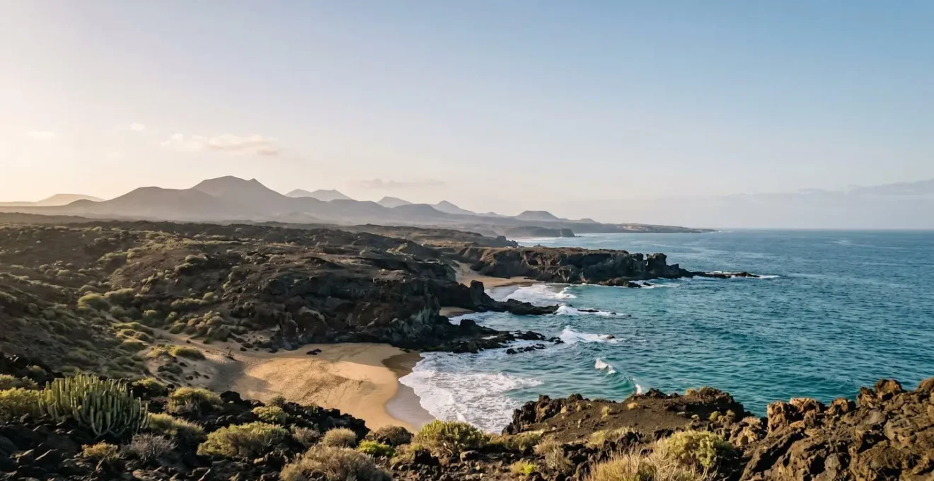 Vue panoramique des îles Canaries avec formations volcaniques et océan Atlantique sous un ciel dégagé