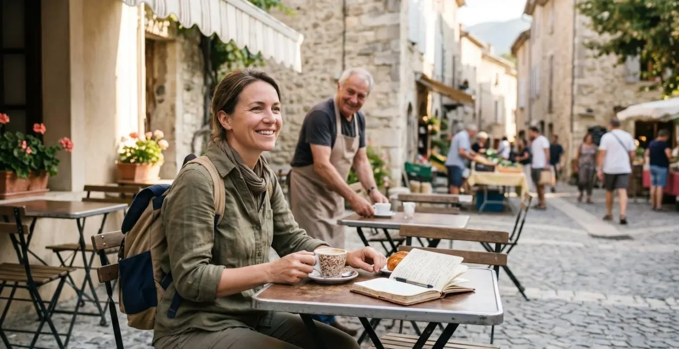 Voyageur installé à une table de café en terrasse d'un village français, entouré de vie locale authentique