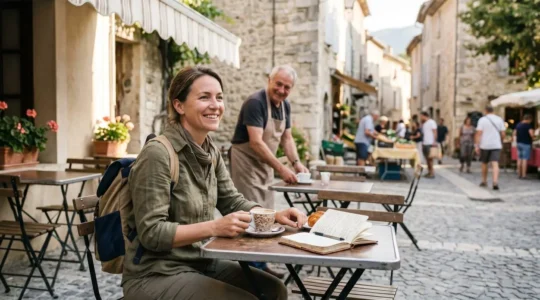 Voyageur installé à une table de café en terrasse d'un village français, entouré de vie locale authentique