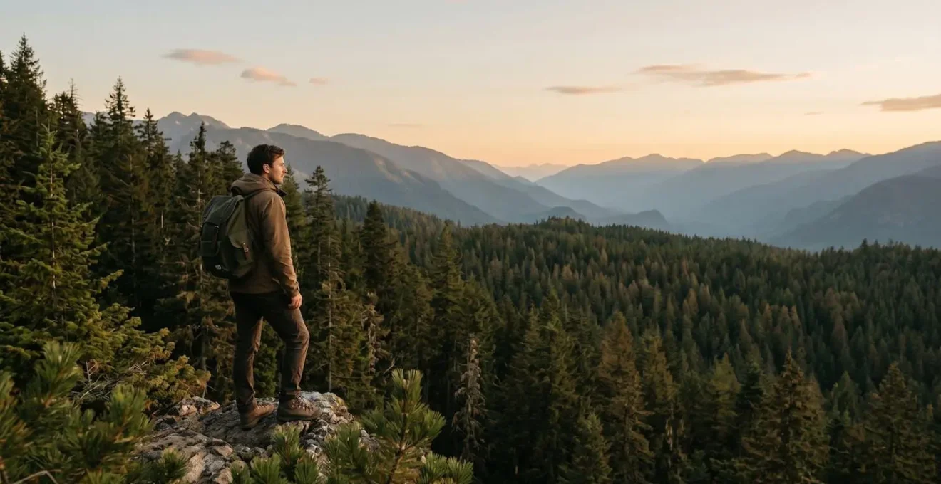 Randonneur observant une forêt dense depuis un point de vue en montagne au coucher du soleil