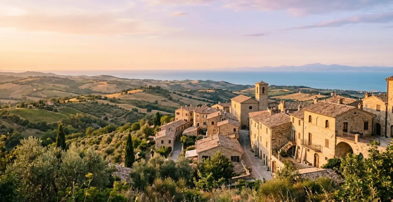 Vue panoramique d'un village médiéval italien perché sur une colline au coucher du soleil avec la côte adriatique en arrière-plan