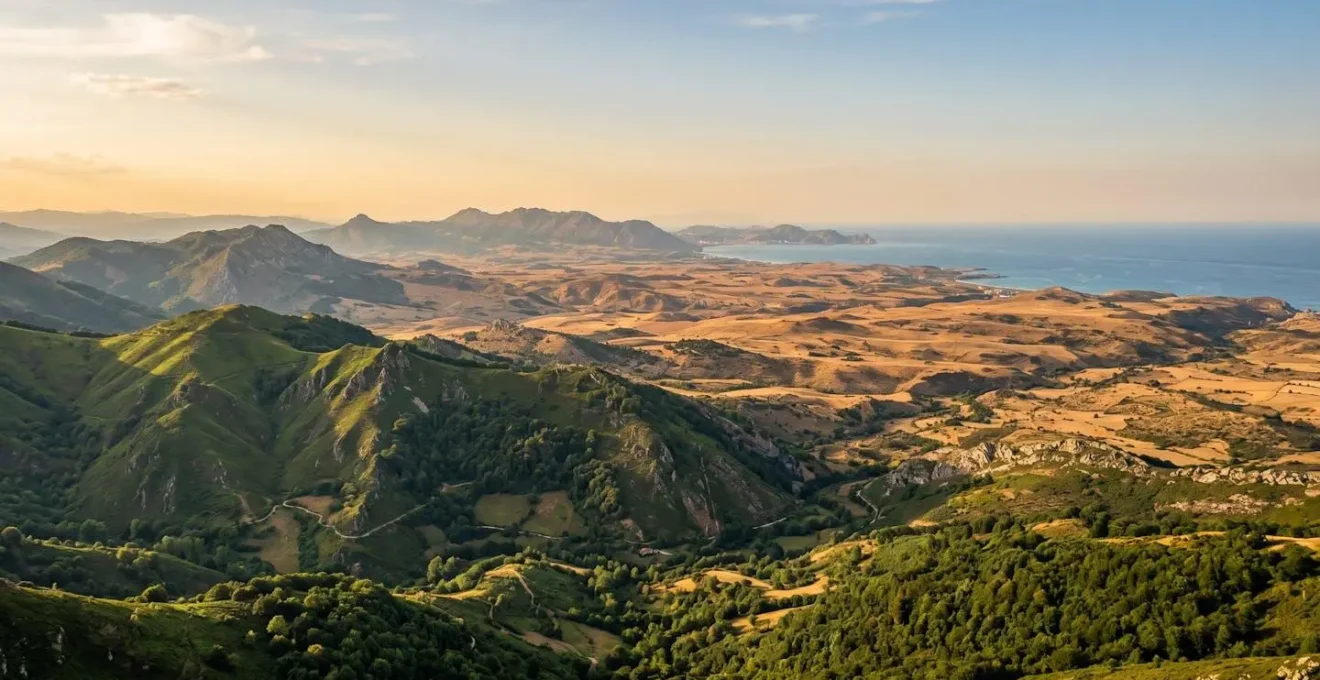 Paysage minimaliste espagnol montrant la diversité des régions, des montagnes verdoyantes aux plateaux arides