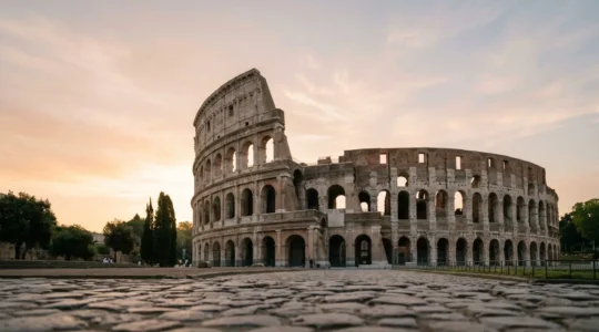 Vue panoramique atmosphérique du Colisée de Rome au crépuscule avec lumière dorée, sans foule ni texte visible