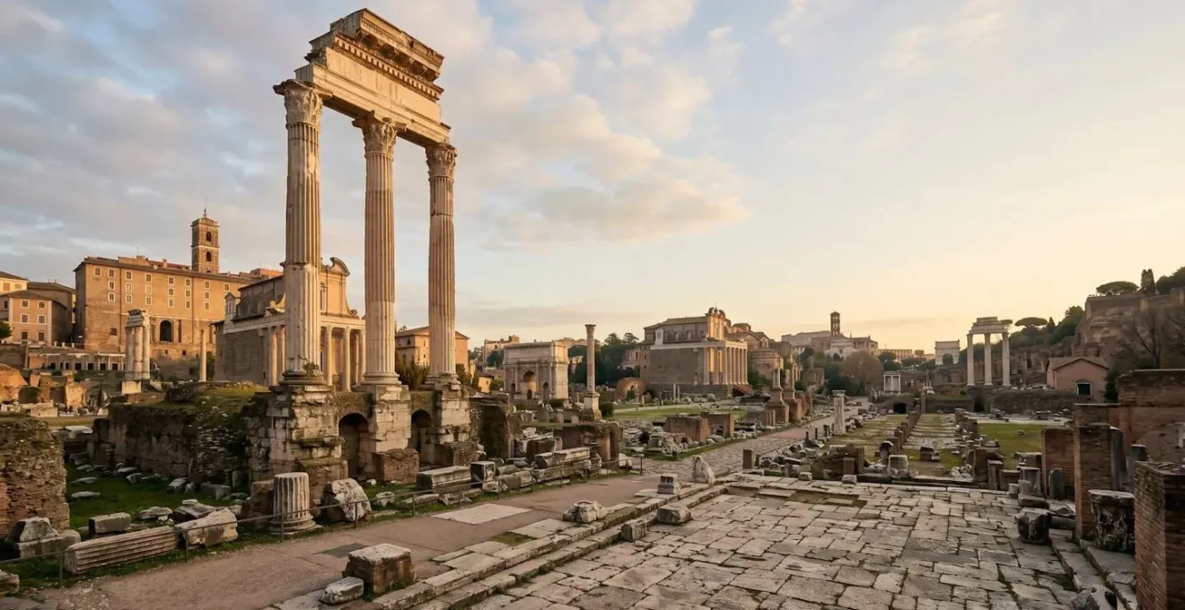 Vue large d'une place romaine antique avec des ruines majestueuses et des colonnes sous une lumière dorée, illustrant la rencontre entre histoire millénaire et présence touristique contemporaine
