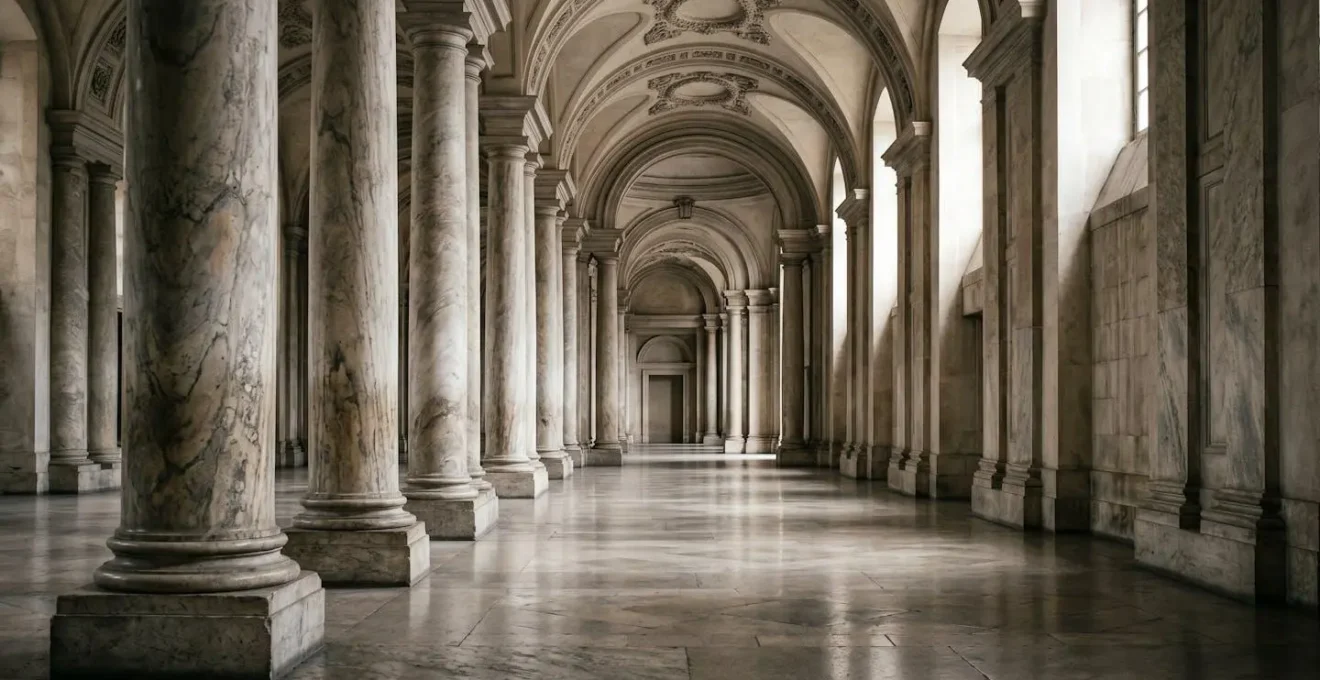 Colonnes de marbre d'un palais historique illustrant l'architecture du pouvoir politique