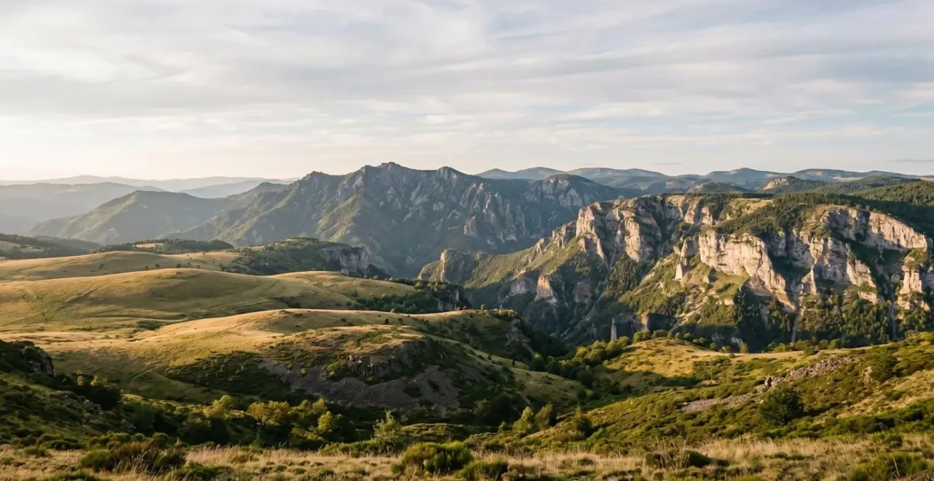 Vue panoramique des différentes micro-régions de Lozère : plateaux de l'Aubrac, causses calcaires et vallées cévenoles sous un ciel lumineux