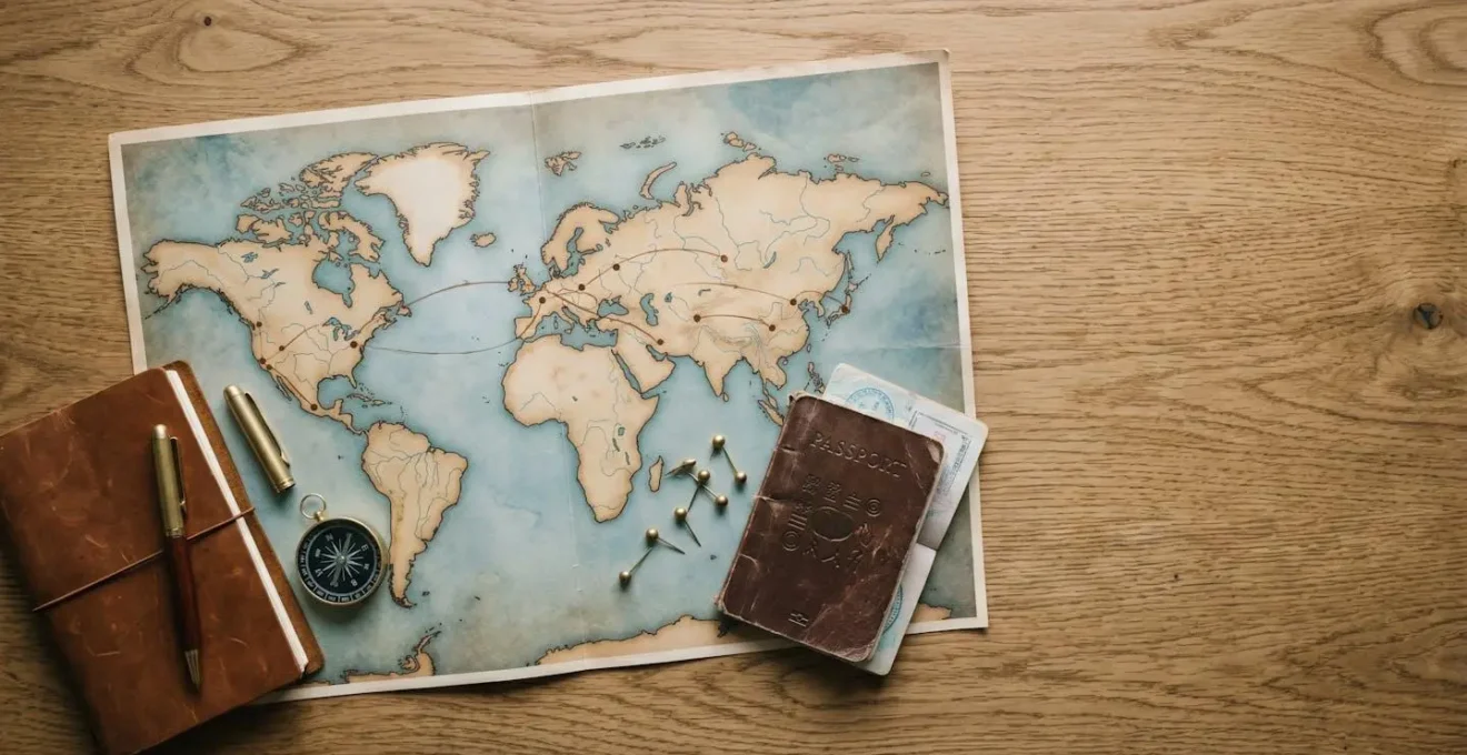 Vue panoramique d'une carte de voyage avec itinéraire marqué reliant plusieurs destinations