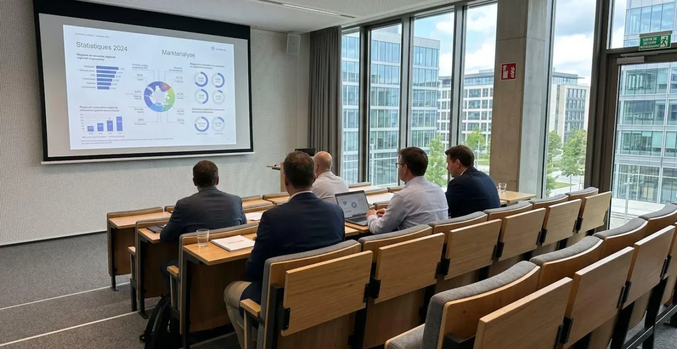 Participants de séminaire suivant une présentation sur grand écran dans une salle moderne au Luxembourg