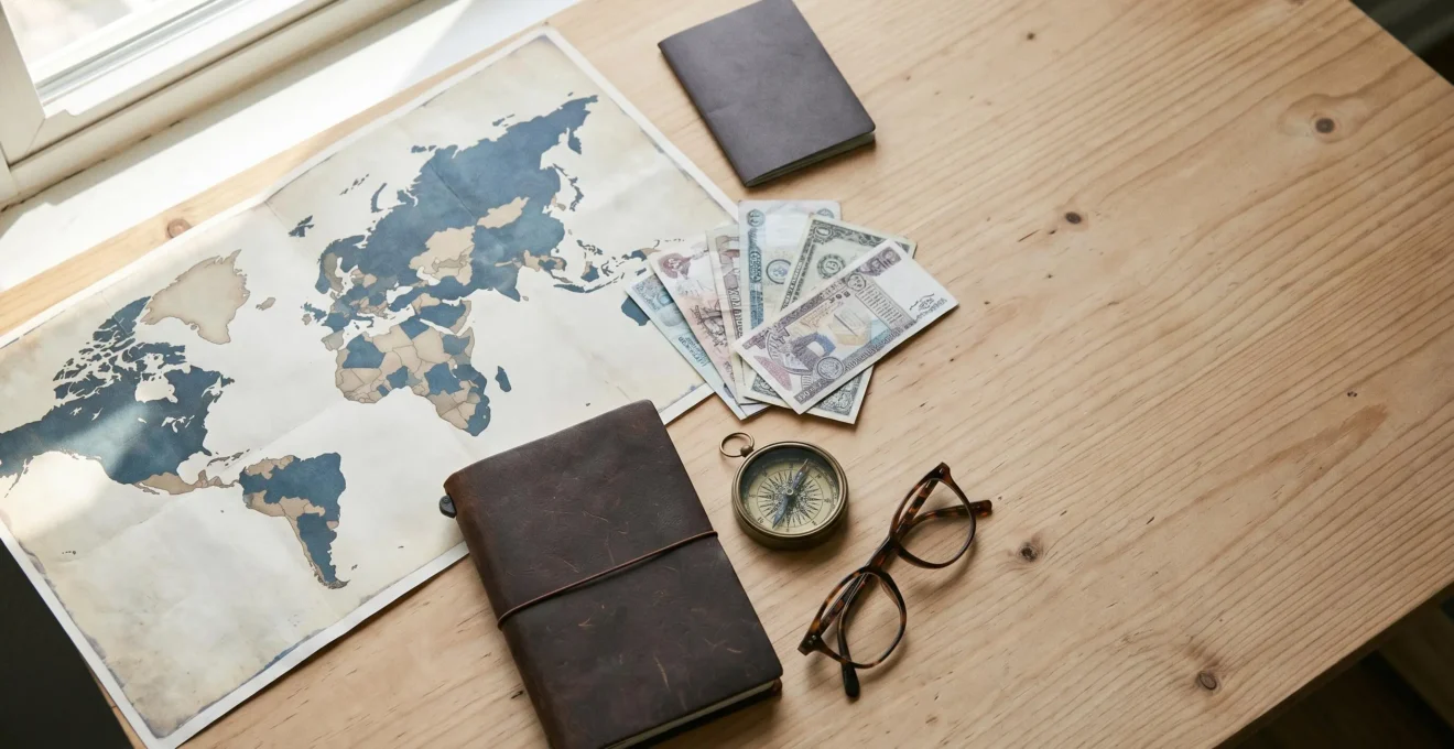 Vue aérienne d'accessoires de voyage disposés sur une table avec carte du monde, passeport et monnaie internationale