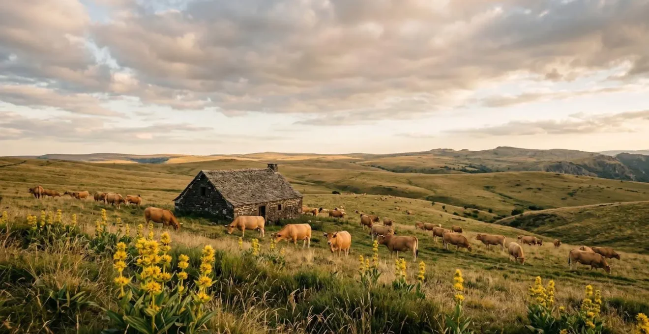 Vue panoramique du plateau de l'Aubrac avec des vaches de race Aubrac au pâturage et un buron traditionnel en pierre volcanique sur les hauts plateaux
