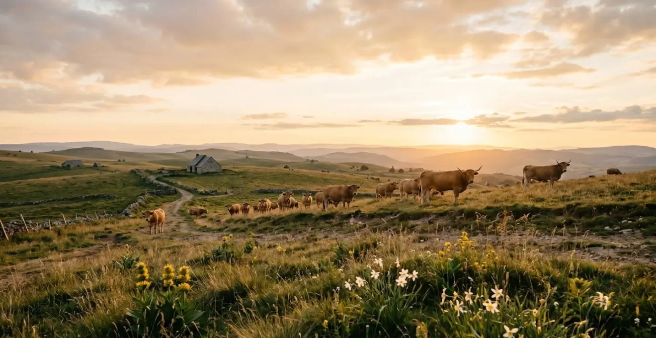 Vaches de race Aubrac paissant sur le vaste plateau herbeux sous un ciel ouvert, incarnant l'harmonie entre élevage et paysage volcanique