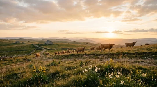 Vaches de race Aubrac paissant sur le vaste plateau herbeux sous un ciel ouvert, incarnant l'harmonie entre élevage et paysage volcanique
