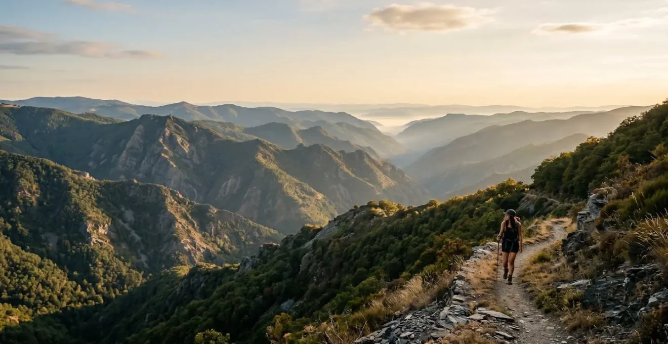Randonneur en contemplation sur un sentier cévenol entouré de vallées schisteuses et de châtaigniers, illustrant la découverte de l'histoire et de l'écologie des Cévennes