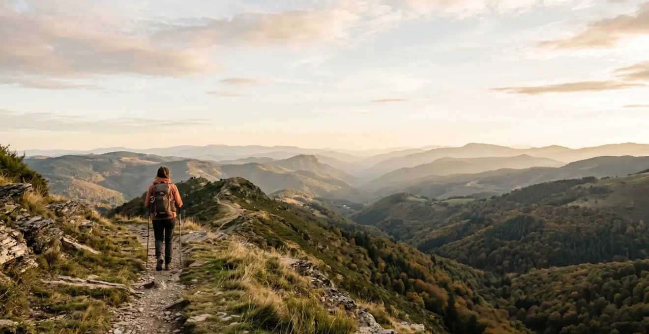 Randonneur marchant sur un sentier de crête dans les Cévennes avec vue sur les vallées profondes