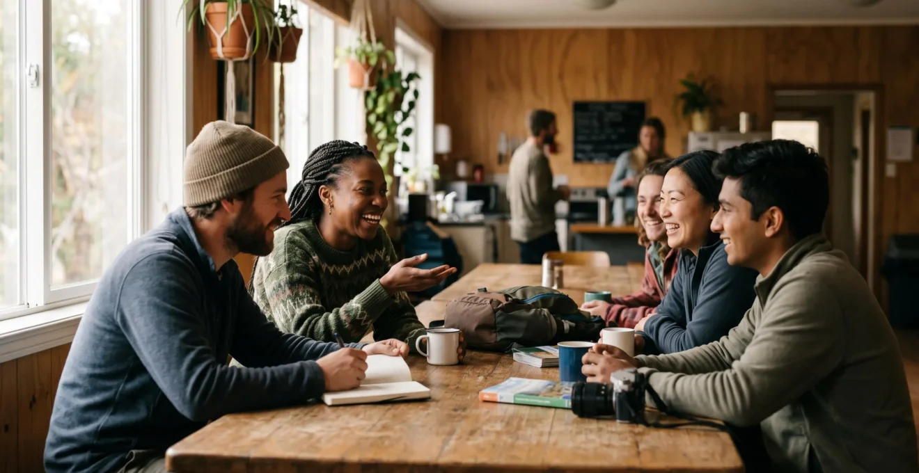 Voyageurs de différentes nationalités partagent un moment convivial autour d'une table commune dans un espace lumineux