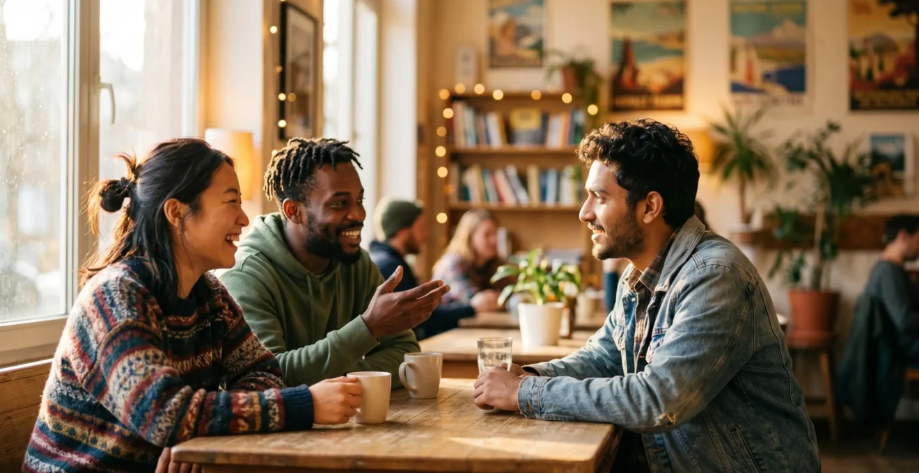 Voyageurs de différentes cultures échangeant et partageant un moment convivial dans un espace d'auberge chaleureux