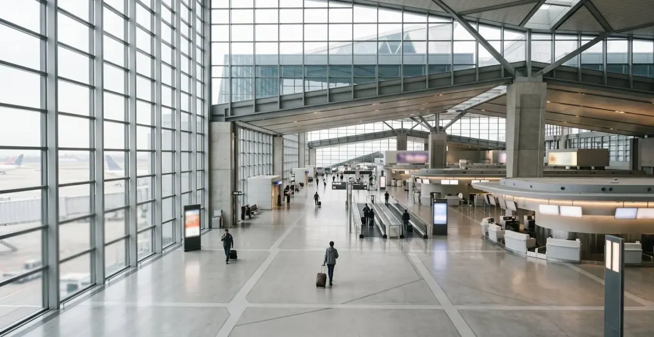 Vue d'ensemble d'un terminal d'aéroport moderne avec des voyageurs en mouvement et des écrans de vol abstraits