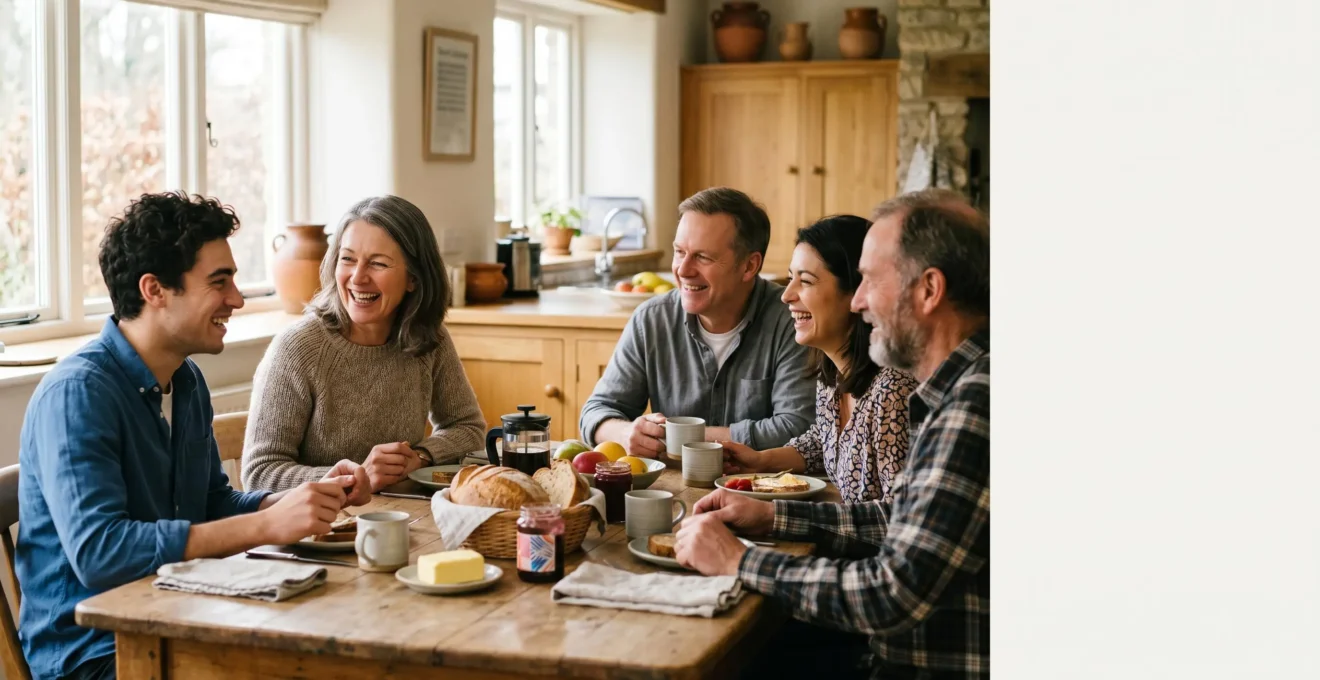Moment de partage chaleureux entre hôtes et voyageurs autour d'une table conviviale dans une maison d'hôtes authentique