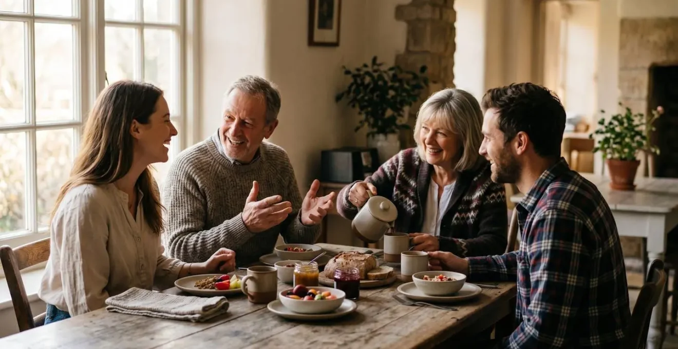 Vue intimiste d'une table de petit-déjeuner conviviale dans une maison d'hôtes avec des hôtes et invités en interaction chaleureuse