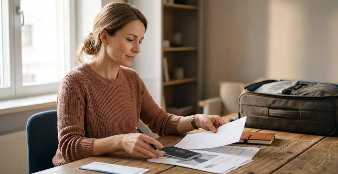 Voyageur préparant sereinement son départ avec documents d'assurance
