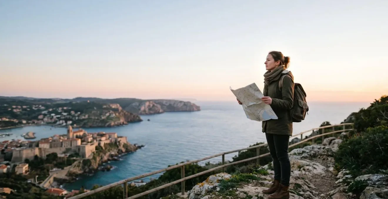 Voyageur contemplant une carte avec plusieurs options d'hébergement dans un cadre serein