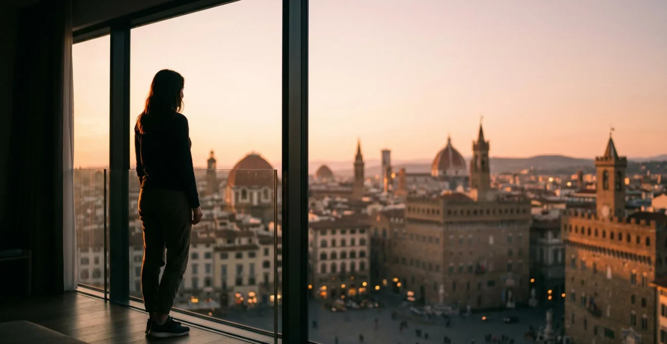 Voyageur contemplant un paysage urbain depuis une chambre d'hôtel stratégiquement située