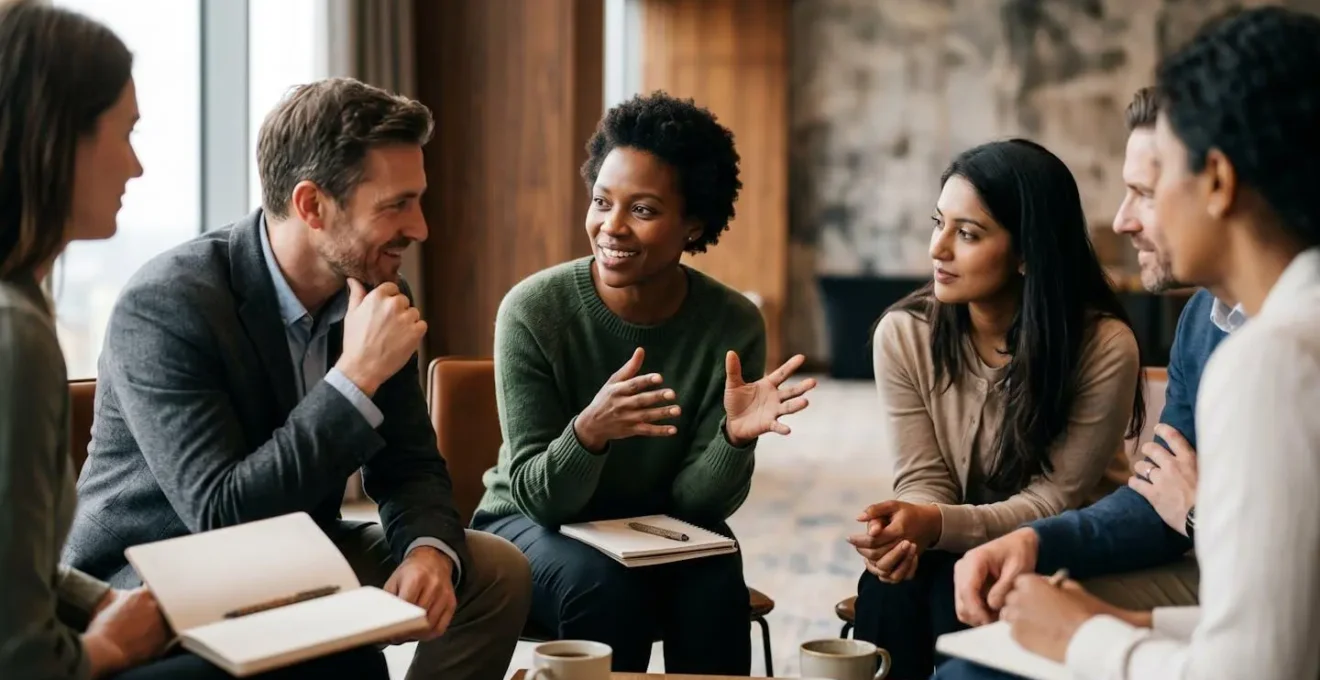 Équipe d'entreprise engagée lors d'un moment de partage authentique en séminaire