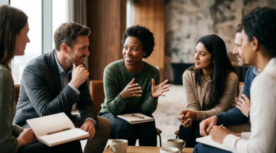 Équipe d'entreprise engagée lors d'un moment de partage authentique en séminaire