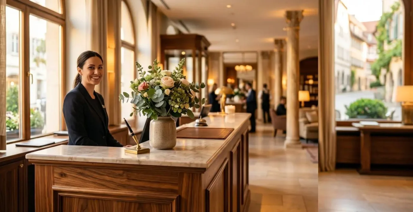 Réception d'hôtel moderne avec comptoir élégant et ambiance chaleureuse invitant au surclassement